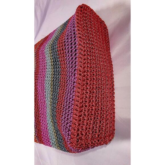 Liz Claiborne - Red & Pink Multi-Color Stripe Crochet Shoulder Bag, Boho Purse - Picture 5 of 11